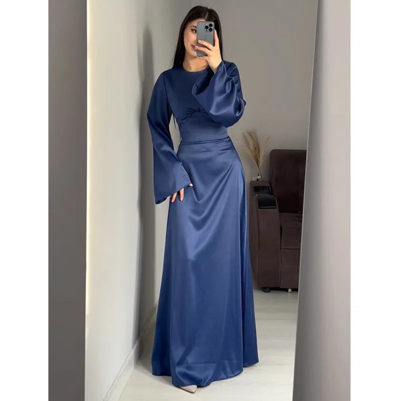 2024 Women Satin Long Dresses Sexy Lace Up Slim Evening Dresses Simple Round Neck Flare Sleeve Birthday Party Dresses For Women Street King Limited