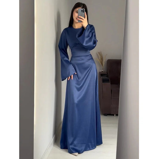 2024 Women Satin Long Dresses Sexy Lace Up Slim Evening Dresses Simple Round Neck Flare Sleeve Birthday Party Dresses For Women Street King Limited