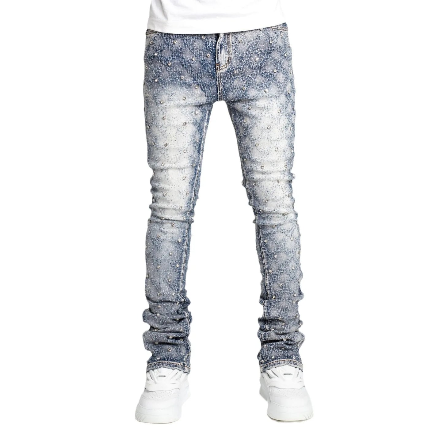 Stretchy Personality Stacked Denim Pants 2024 New Fashion Pearls Fashion Rhinestone European Street Skinny Jeans For Men Street King Limited