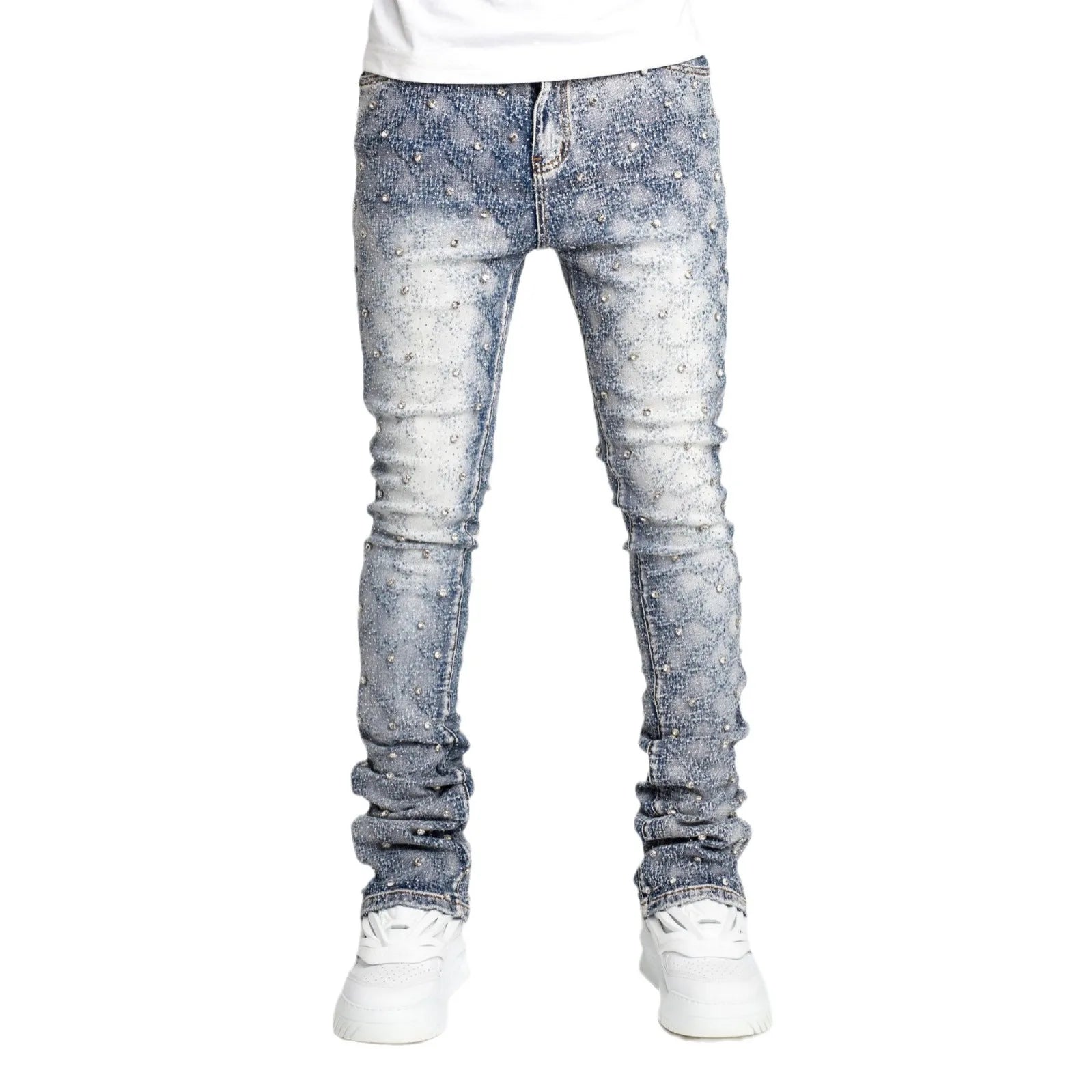 Stretchy Personality Stacked Denim Pants 2024 New Fashion Pearls Fashion Rhinestone European Street Skinny Jeans For Men Street King Limited