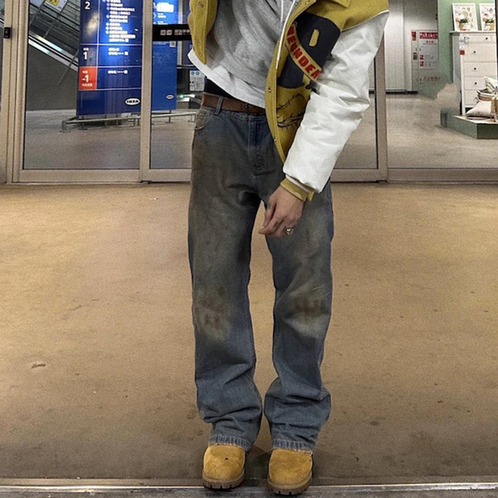 handmade distressed mud dyed dirty baggy blue jeans for men straight baggy casual overalls harajuku loose denim trousers vintage washed jeans