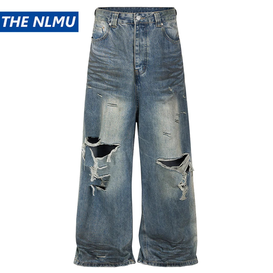 mens baggy jeans blue distressed ripped loose denim pants streetwear oversized hip hop jeans trousers urban skinny jeans