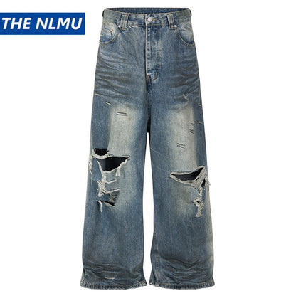 mens baggy jeans blue distressed ripped loose denim pants streetwear oversized hip hop jeans trousers urban skinny jeans