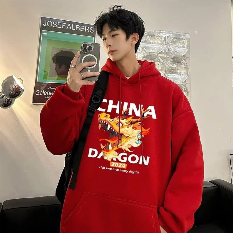 2024 New China Dragon Graphic Hoodies Men Hip Hop Streetwear Hoodie Sweatshirt Harajuku Fleece Printed Pullover Hoody Clothes Street King Limited