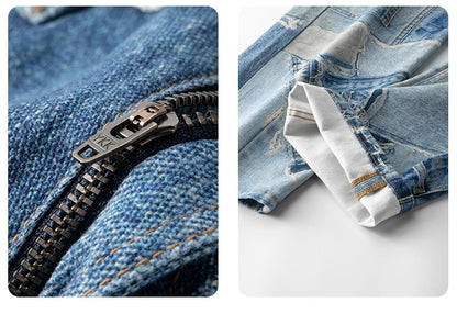 fashion fake patchwork printed denim jeans mens new casual zipper straight loose jeans streetwear hip hop baggy pants joggers unique joggers style 1417