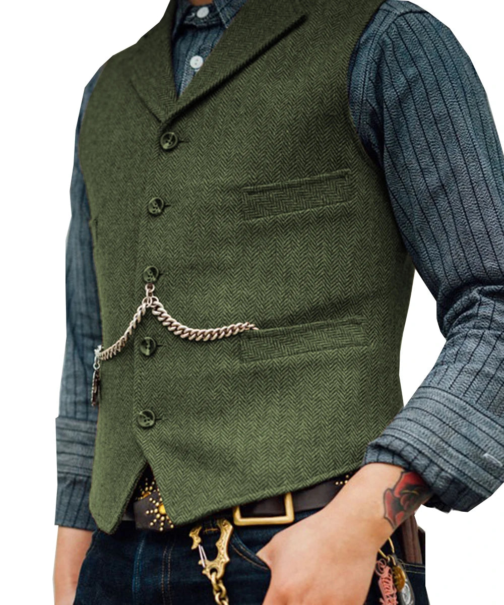 Business Mens Suit Vest Lapel V Neck Wool Herringbone Casual Brown Waistcoat Casual Formal Groomsman Jacket For Wedding Street King Limited