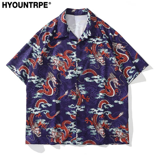 Men Dragon Print Chinese Style Shirt Casual Short Sleeve Hawaiian New Summer Shirts Hip Hop Streetwear Loose Top Harajuku Shirts Street King Limited