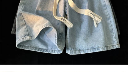 American denim shorts men's summer thin denim shorts elastic waist loose American retro high street pants men clothing y2k tops Street King Limited
