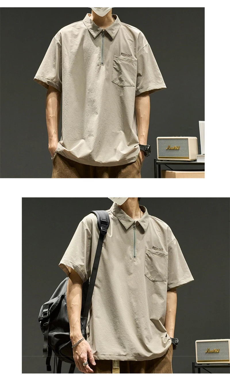 Streetwear Summer Short Sleeve Lapel Polo Shirt Mens Letter Embroidery Zipper Gol Summer Short Sleeve Lapel Polo Shirt Mens Letter Embroidery Zipper Golf Wear 2024 Korean Fashion Streetwear Loose Tee Shirts Fashion Sweater Jacket With Graphic Design For Men