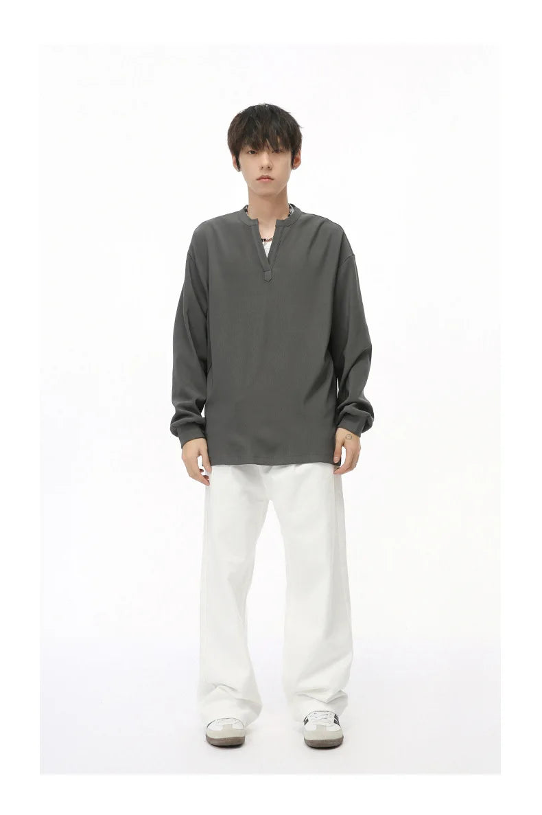 Men's  V-neck Long Sleeve T-Shirt Tops Clothing Autumn Korean Style Lazy Simple Solid Color Casual Pullover Bottoming Shirt Street King Limited