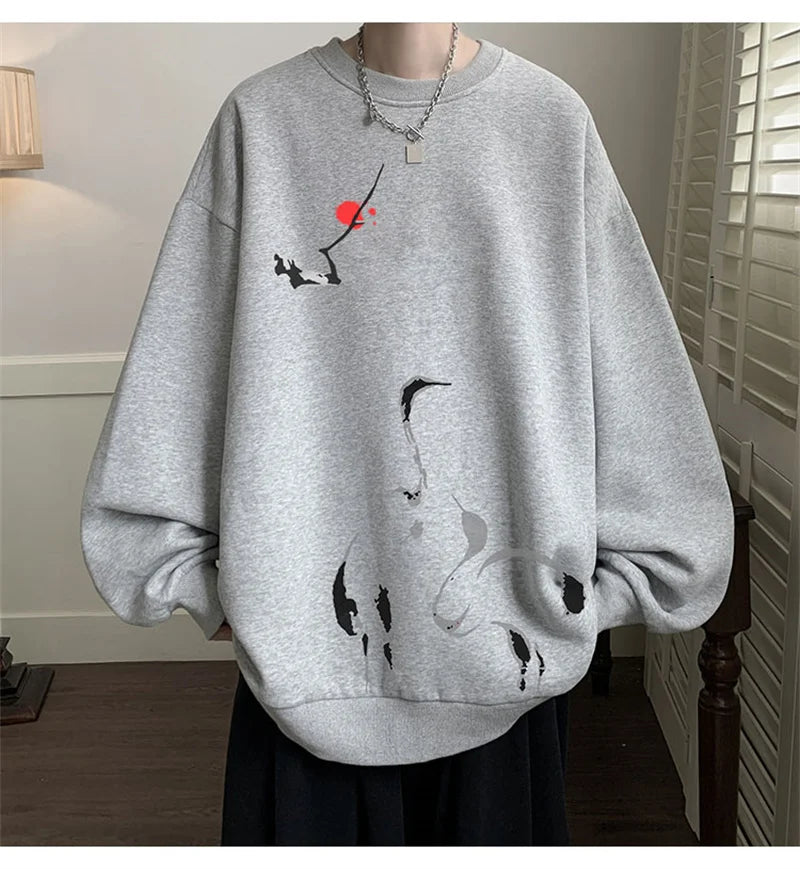 Ink Painting Cartoon Crane Printed Pullover Hoodies For Men 2024 New Hip Hop Fashion Crewneck Hoody Y2K Streetwear Sweatshirts Street King Limited
