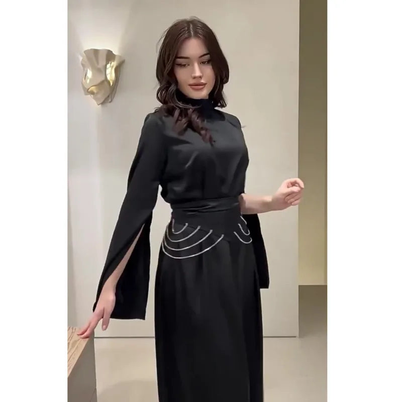 Elegant Lady Long Satin Dress Half High Collar Flare Sleeves Party Bodycon Dress Streetwear Solid Slim Evening Dresses For Women Street King Limited