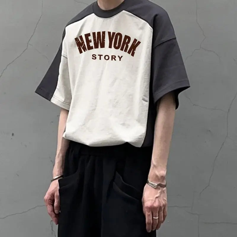 European and American high street Hong Kong style color-blocked short-sleeved T-shirts for men and women retro tops new style Street King Limited