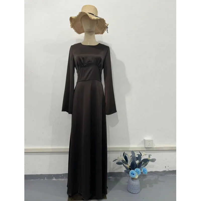 2024 Women Satin Long Dresses Sexy Lace Up Slim Evening Dresses Simple Round Neck Flare Sleeve Birthday Party Dresses For Women Street King Limited