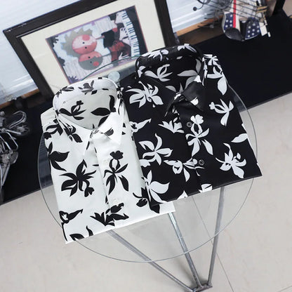 New 2021 luxury Men Classic Hibiscus Flowers Fashion 50% Silk Casual Shirts Shirt high quality Pocket Short sleeves #A48 Street King Limited