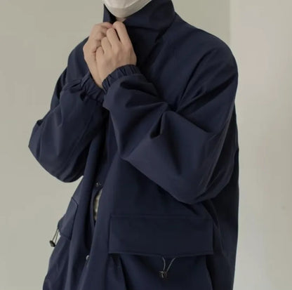 japanese spring jacket mens single breasted stand collar harajuku unisex coats solid big pocket drawstring casual men outwear unique default style 1882