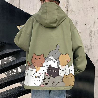 Black Cat Print Baseball Jacket Boys Long Sleeve Loose Ins Harajuku High Street Tops Streetwear Gothic Gray Bomber Jacket Men Street King Limited