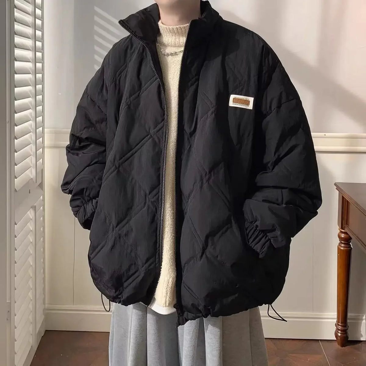 Winter personalized diamond grid cotton coat for men loose stand up collar trend for couples American loose retro casual top y2k Street King Limited