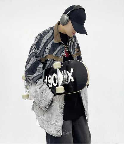 zebra printed harajuku denim jacket and coat mens hip hop patchwork ripped holes jeans outerwear casual streetwear jeans jackets unique jeans style 4692