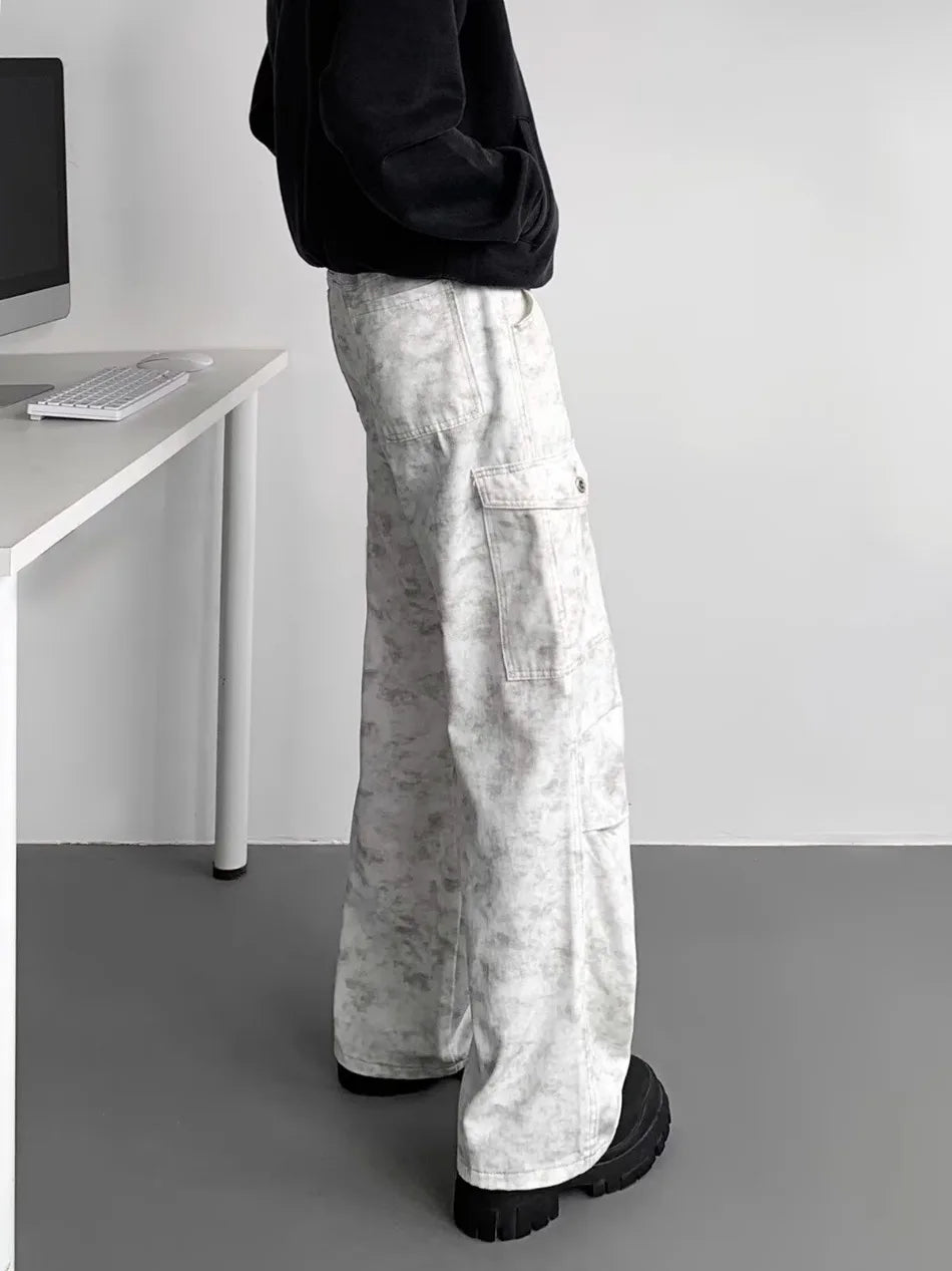 American Tie Dye Cargo Pants Mens Autumn Vintage High Street Straight Leg Trousers Casual Multi Pocket Loose Overalls Male Street King Limited