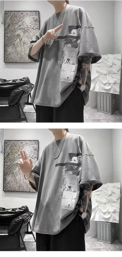 T-shirt men's 2024 summer new Korean style short-sleeved fat man versatile top student trendy T-shirt men clothing y2k tops emo Street King Limited