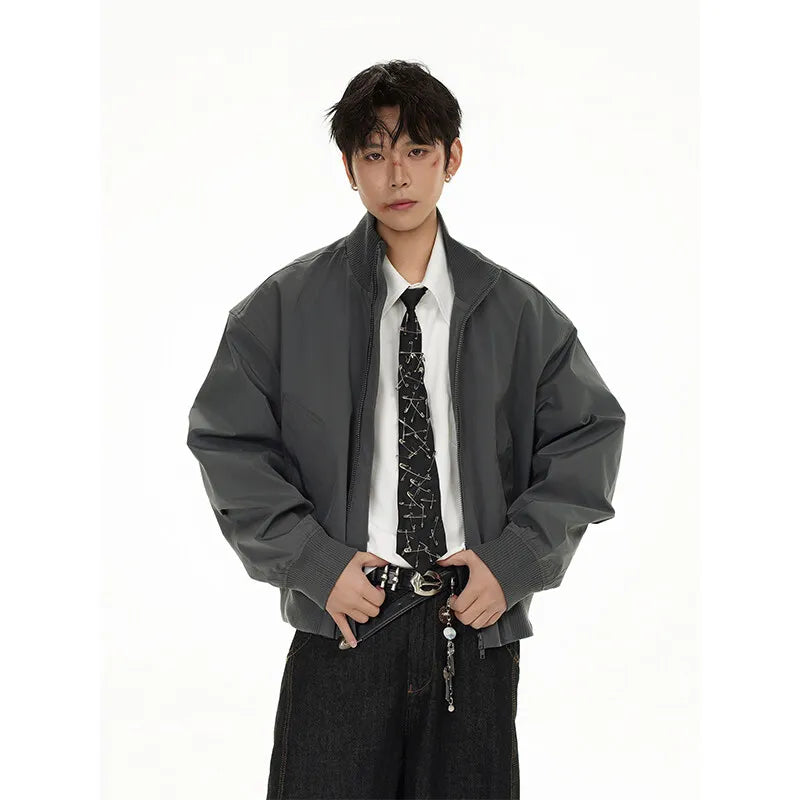 short design stand collar bomber jacket men korean streetwear fashion loose casual vintage bomber jacket coat cityboy outerwear unique shorts style 551