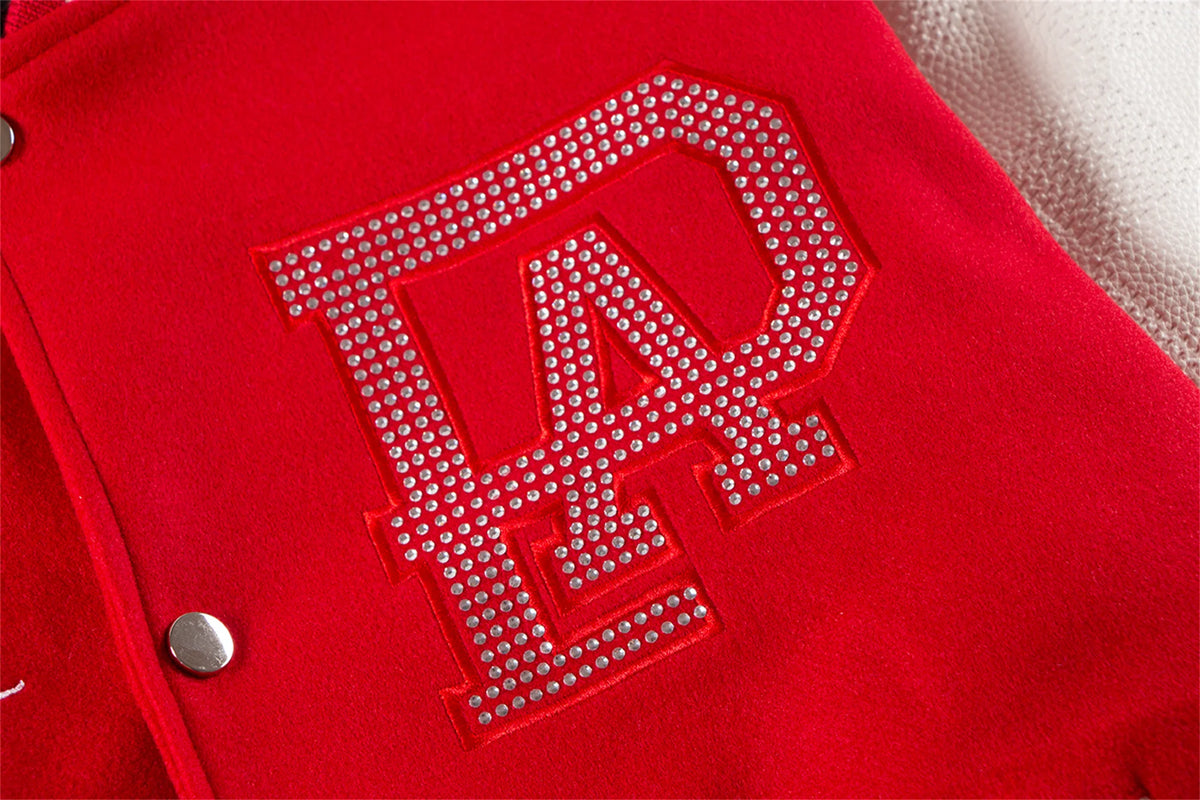 2024 hotselling high street pearl red hot stamping splicing checkered leather sleeves baseball jacket coat unique default style 149