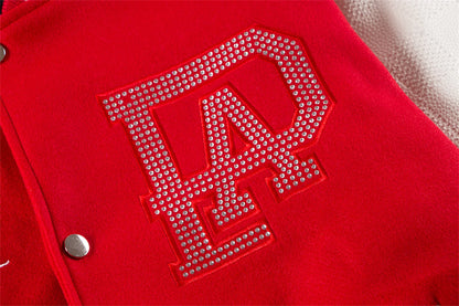 2024 hotselling high street pearl red hot stamping splicing checkered leather sleeves baseball jacket coat unique default style 149