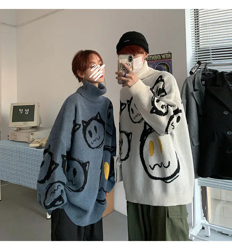 Korean literature art turtleneck sweater men autumn winter lazy style knitted sweater cartoon devil print wool clothes pullovers Street King Limited