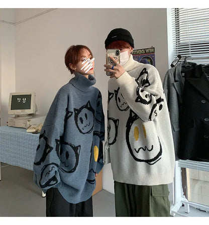 Korean literature art turtleneck sweater men autumn winter lazy style knitted sweater cartoon devil print wool clothes pullovers Street King Limited