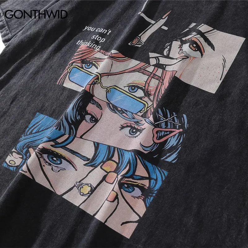Distressed Oversize T Shirt Streetwear Japanese Anime Eyes Print Retro Tshirt 2023 Hip Hop Casual Cotton Loose T-Shirt Black Street King Limited