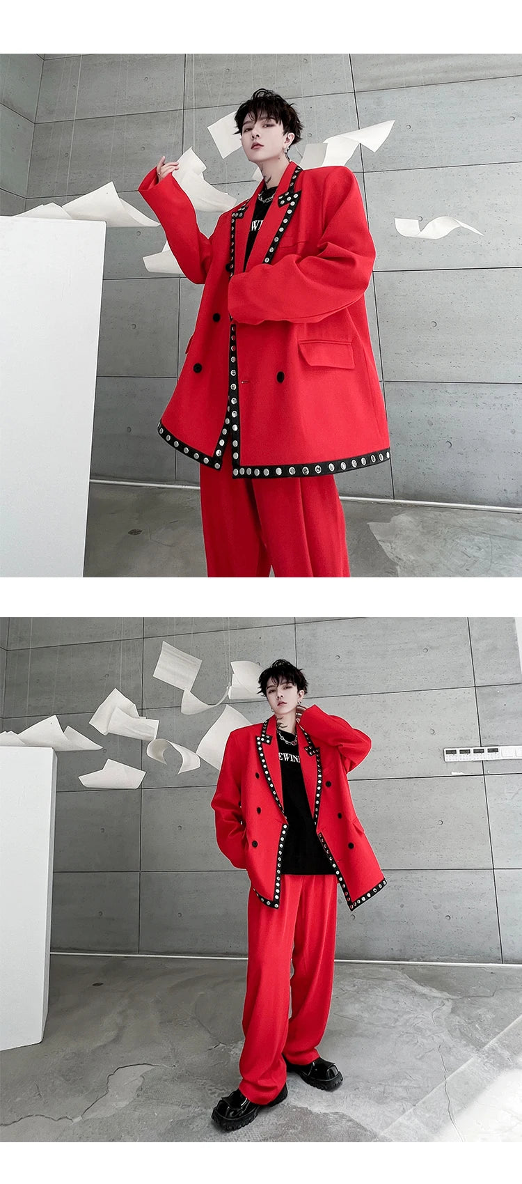 men streetwear fashion loose casual rivet hip hop party dress 2 piece suits blazers jacket pant sets stage clothing costume unique default style 1519