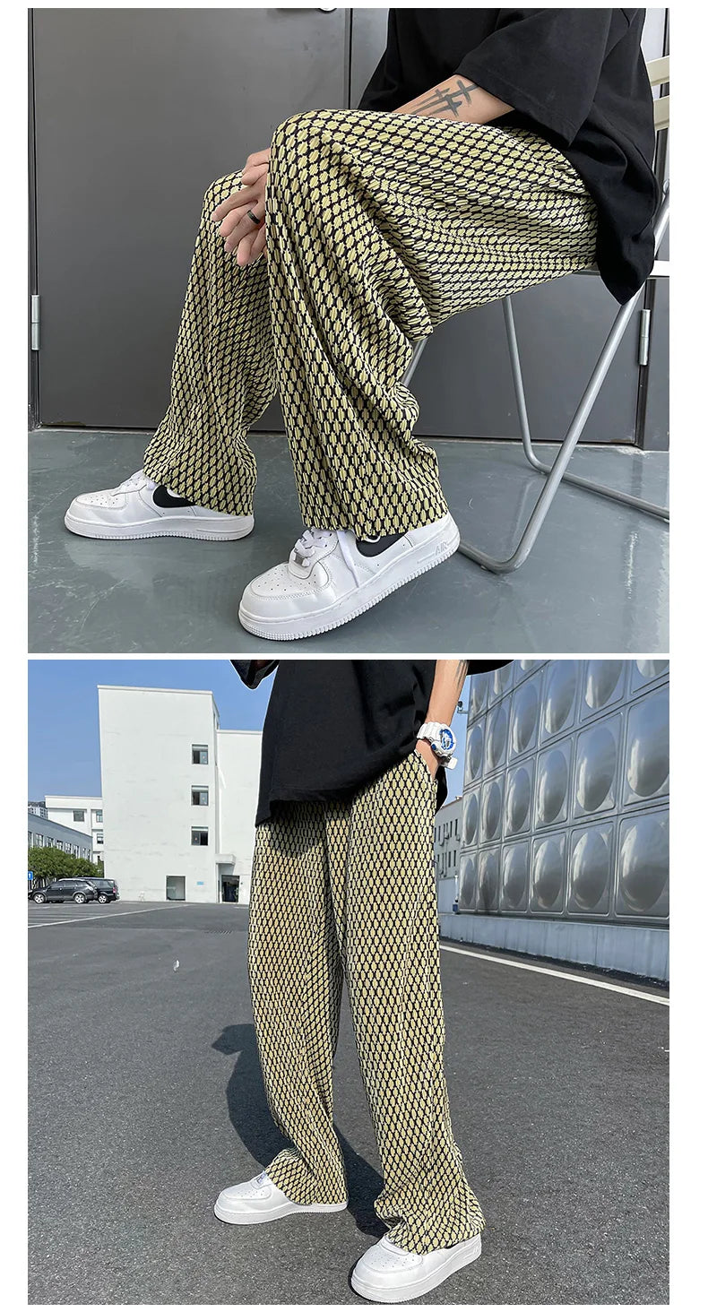 Summer Pleated Pants Men Fashion Casual Plaid Pants Men Streetwear Korean Loose Straight Ice Silk Pants Mens Plus Size Trousers Street King Limited