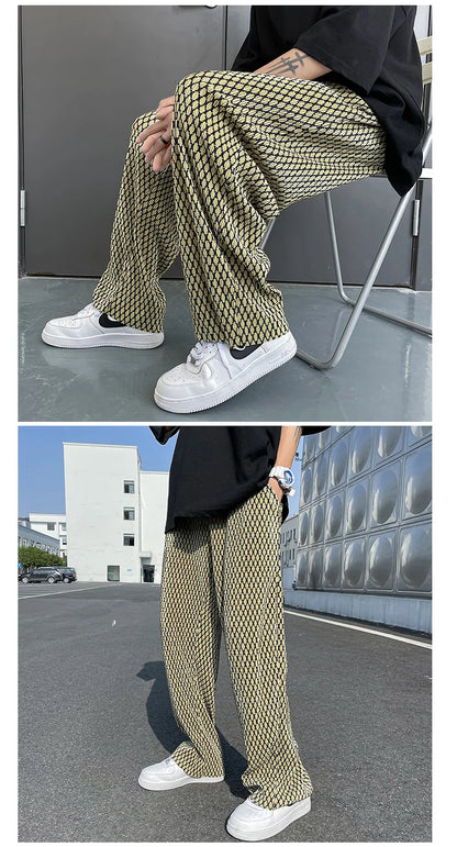 Summer Pleated Pants Men Fashion Casual Plaid Pants Men Streetwear Korean Loose Straight Ice Silk Pants Mens Plus Size Trousers Street King Limited