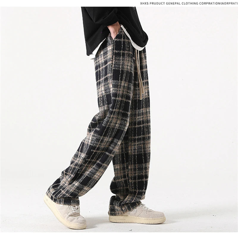 new mens y2k plaid casual baggy trousers autumn korean fashion straight woolen pants y2k vintage streetwear pantalones hombre unique default style 416