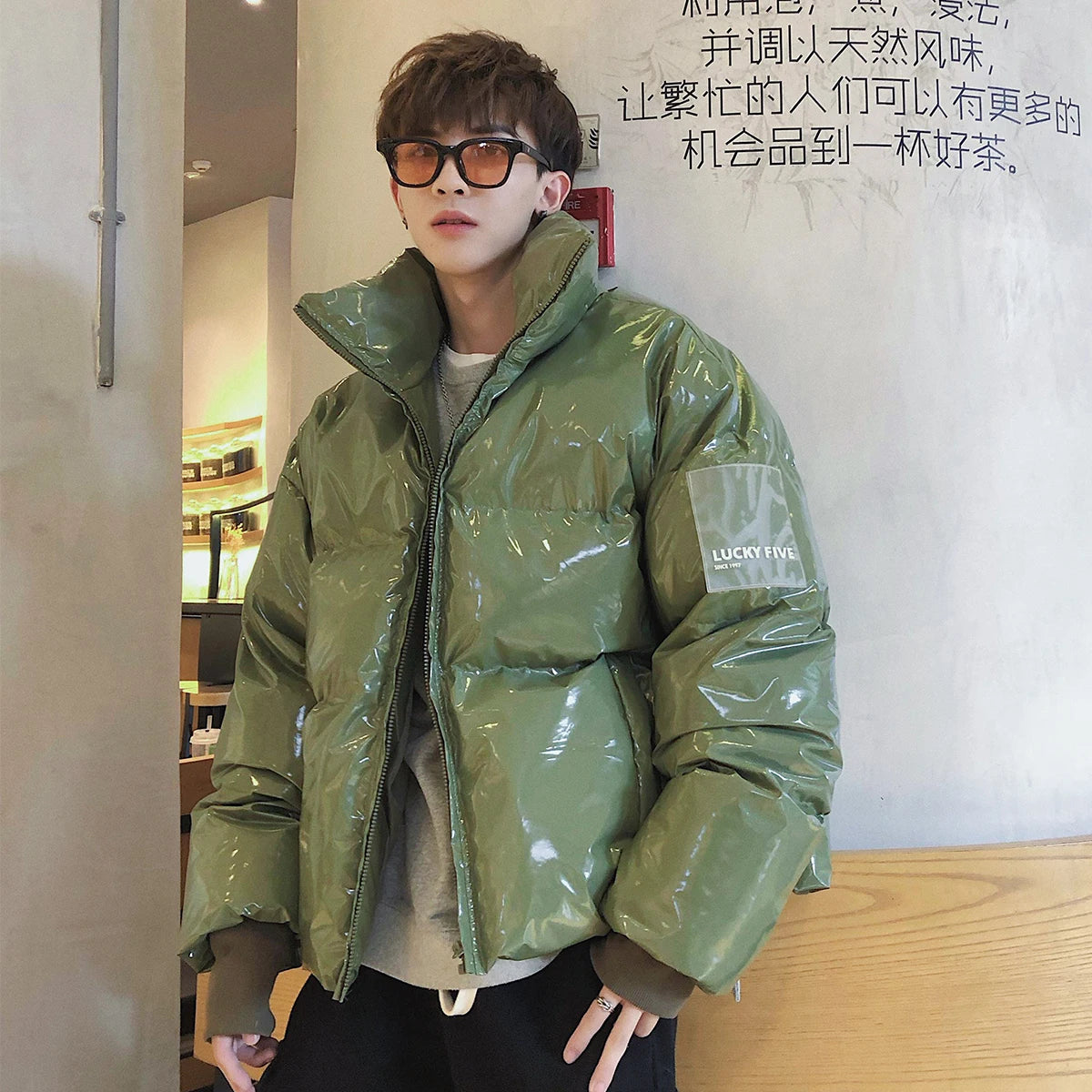 Winter Jacket Men Parkas Thicken Warm Coat Stand Collar Oversize Parkas Bright Leather Fabric Jacket Korean Style Padded Coat Street King Limited