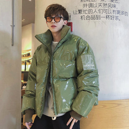 Winter Jacket Men Parkas Thicken Warm Coat Stand Collar Oversize Parkas Bright Leather Fabric Jacket Korean Style Padded Coat Street King Limited