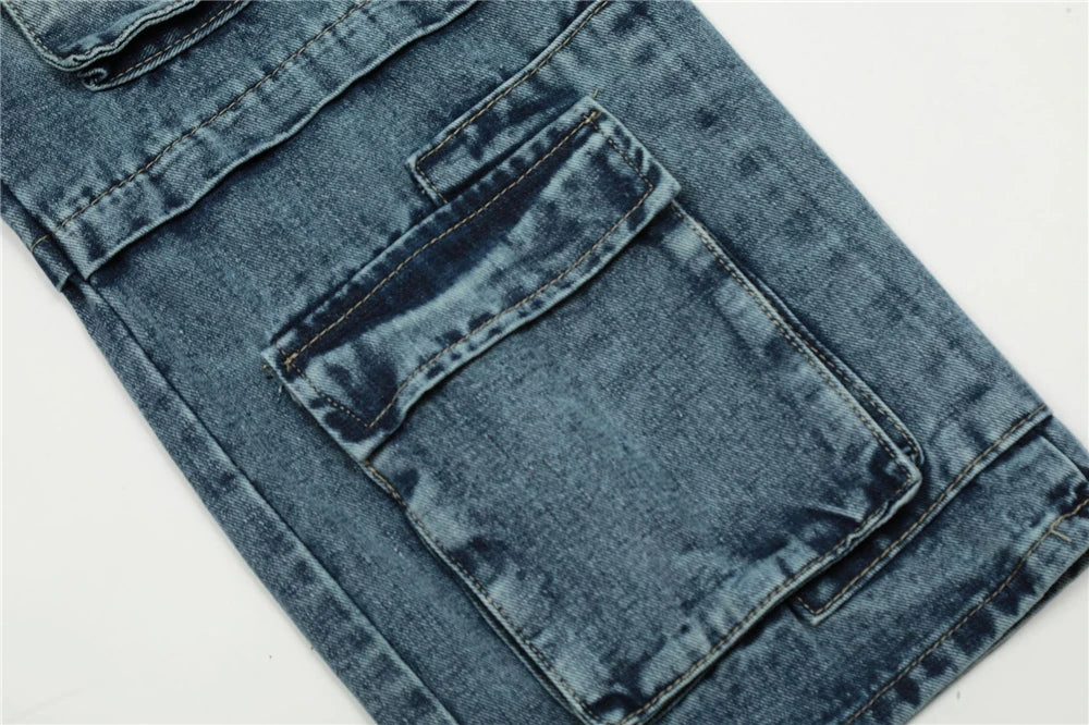 vintage multi pocket jeans mens harajuku cargo denim pants retro hip hop straight loose jean pants men clothing unique cargo style 590