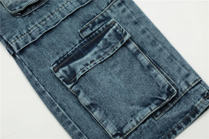 vintage multi pocket jeans mens harajuku cargo denim pants retro hip hop straight loose jean pants men clothing unique cargo style 590