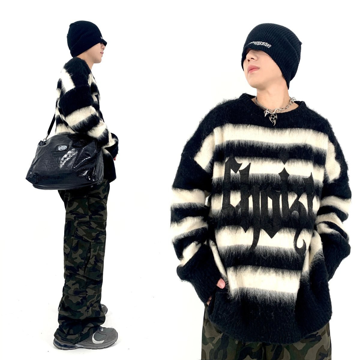 Hip Hop Striped Oversized Sweater Mens Autumn Winter Punk O-neck Long Sleeve Pullover Streetwear Casual Loose Sweaters Clothing Street King Limited