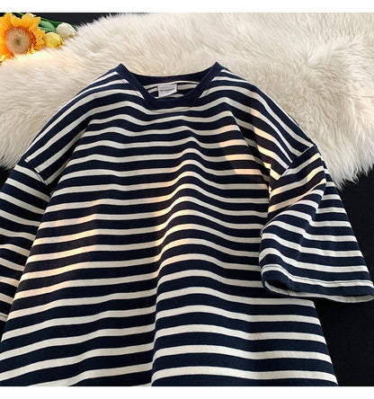Japanese Striped Contrasting Color Short-Sleeved T-Shirt Men's Summer Pure Cotton 280g Heavy Loose Half-Sleeved T-Shirt Street King Limited