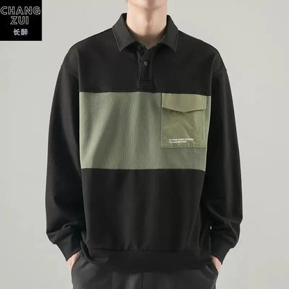 New polo shirt men's contrast color lapel spliced long sleeve t-shirt japanese large size loose sweatshirt bottoming shirt tops Street King Limited