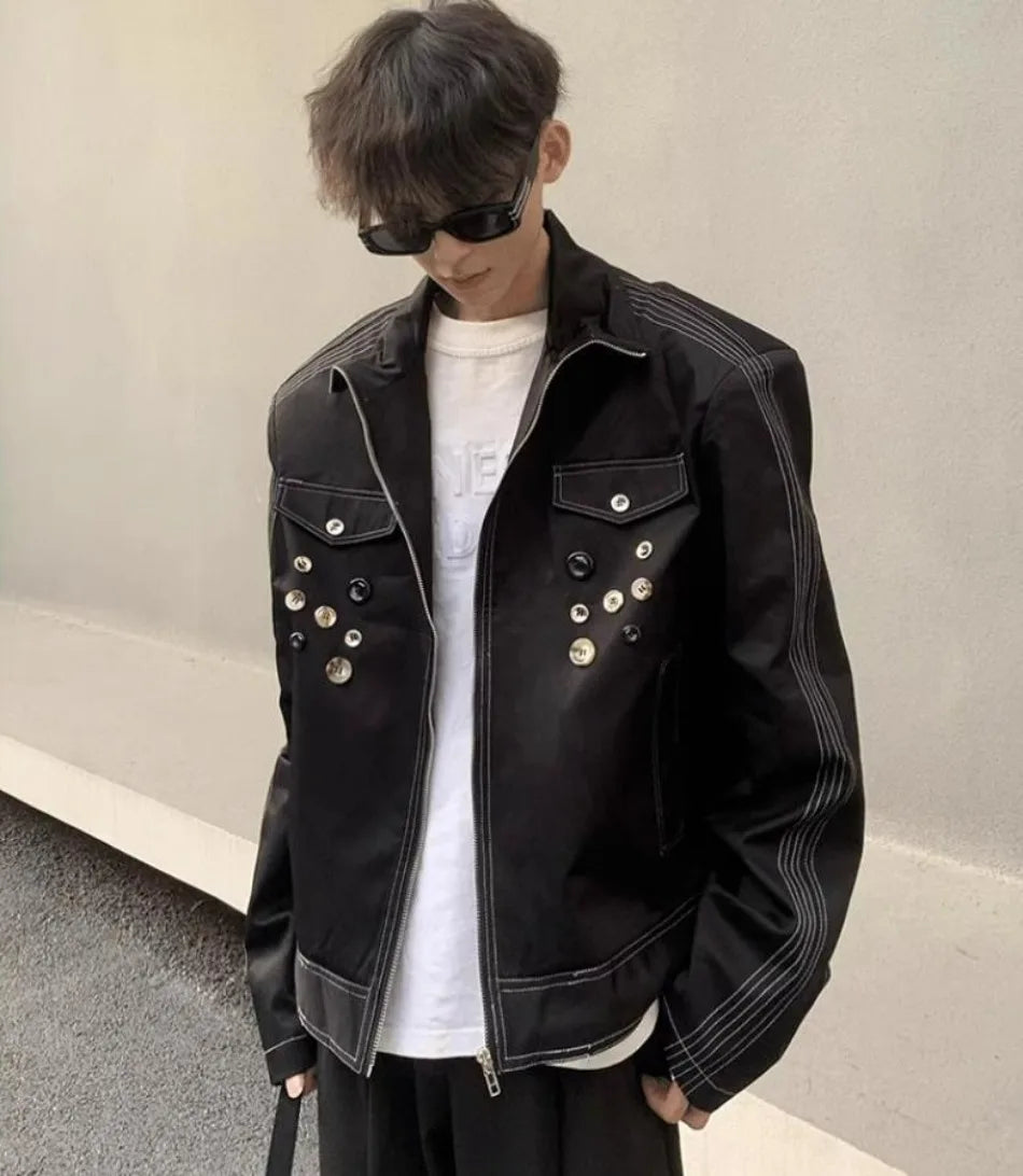 spring retro irregular button mens jacket shoulder pad design trend high street coats motorcycle fashion stand collar outwear unique default style 3864