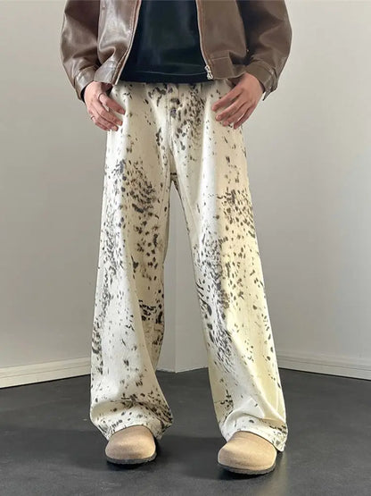 summer leopard print jeans for men and women american street trend retro micro horn loose hip hop straight leg casual pants y2k vintage washed jeans