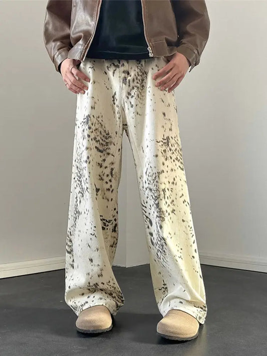 summer leopard print jeans for men and women american street trend retro micro horn loose hip hop straight leg casual pants y2k vintage washed jeans