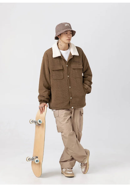 fashion men lamb fleece polo collar cotton padded coat winter embroidery loose thicken warm corduroy wadded jacket male outwear unique default style 6038