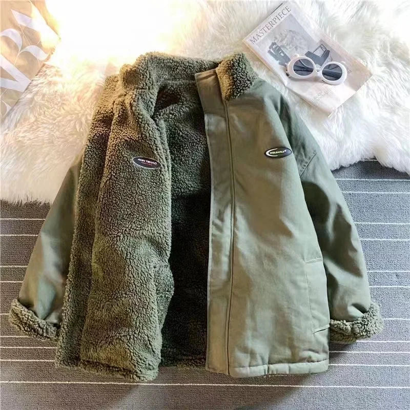 2024 autumn and winter new love lambswool cotton padded jacket double sided collar jacket couple loose jacket warm jacket y2k relaxed fit trousers