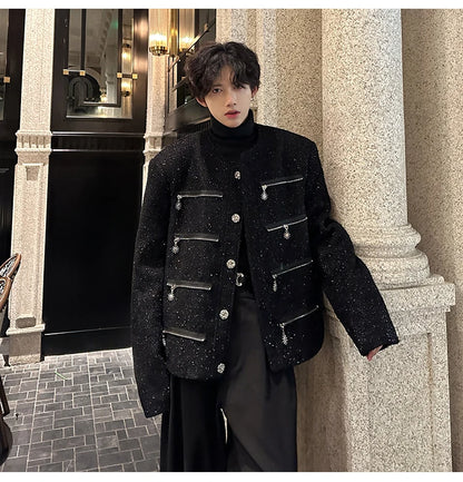 multi zipper sequin woolen jacket men french retro fashionable casual christmas jacket spring autumn coat stage show clothing unique default style 1451