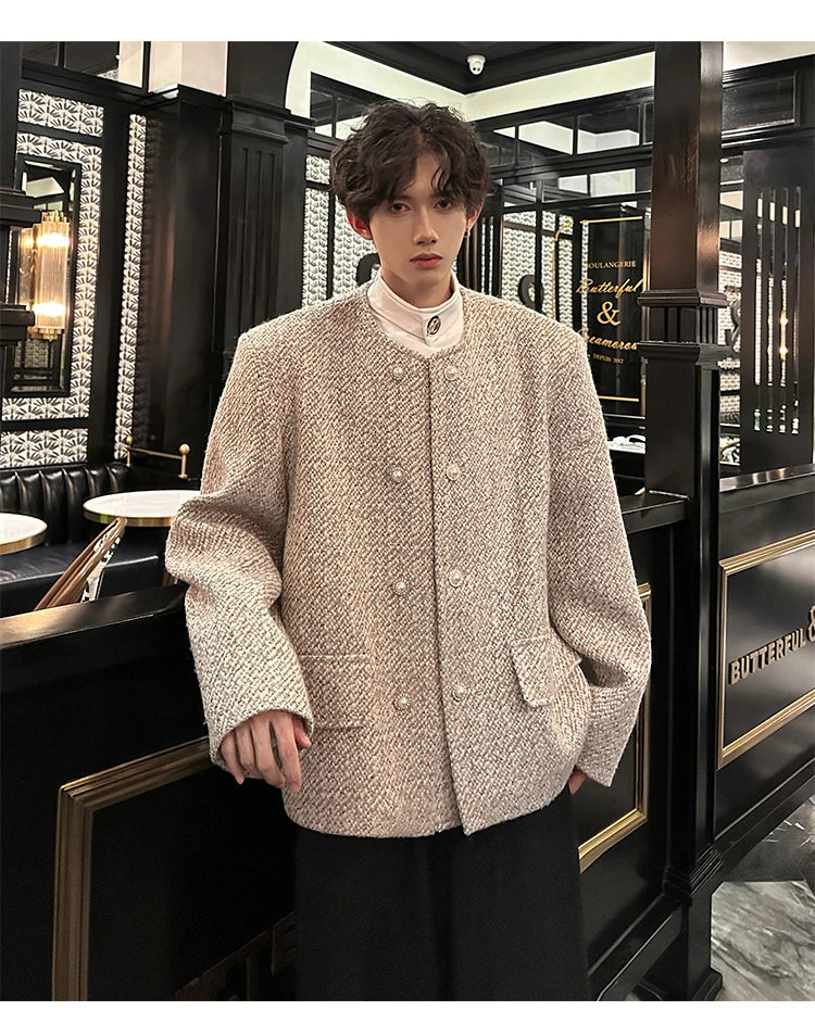 men double breasted french retro loose casual woolen short jacket man korean streetwear show fashion coat autumn outerwear unique shorts style 1323
