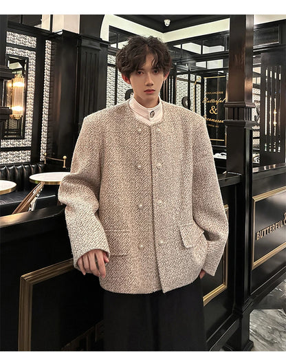 men double breasted french retro loose casual woolen short jacket man korean streetwear show fashion coat autumn outerwear unique shorts style 1323